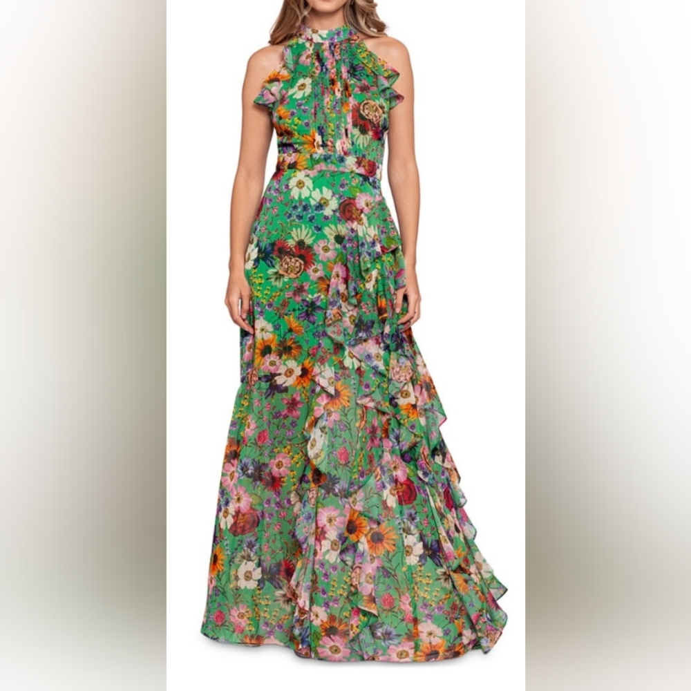 UPDATED - Betsy & Adam Green Floral Ruffle Maxi Dress
